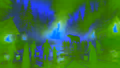 Aiden and the Spirit Bear stand near the river while villagers gather water to extinguish the flames in the forest.