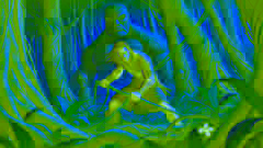 Maui corta con cuidado fuertes lianas en una densa jungla, mientras criaturas guardianas observan desde las sombras.