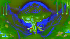 Hanuman levantando toda la montaña Dronagiri bajo un cielo iluminado por la luna, rodeado de una vegetación exuberante y detallada.