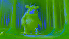 El ratón se encuentra al lado del enorme Gruffalo, impasible, en un bosque oscuro y denso, rodeado de árboles imponentes.
