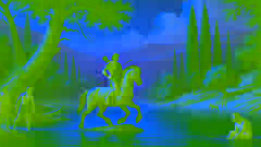 Nessus, the centaur, ferries Deianira across a calm river, with Heracles standing on the shore, ready to attack.