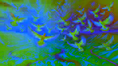 Aves iluminadas volando sobre tierras diversas, difundiendo armonía y sabiduría.