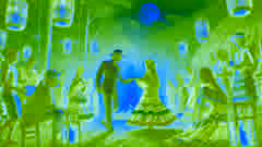 Festival amazónico por la noche, con los aldeanos danzando alrededor de una hoguera. Un hombre vestido con un traje blanco se acerca a una mujer que lleva un vestido rojo.