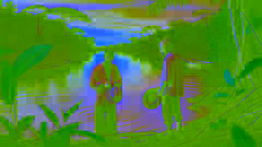 Un hombre a la orilla del río Amazonas al atardecer, se quita el sombrero para revelar su verdadera identidad como el Delfín Rosa.
