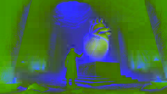 Eirik extiende la mano para tocar el resplandeciente Corazón de Gryphus, que reposa sobre un pedestal en una cueva llena de Grabados.