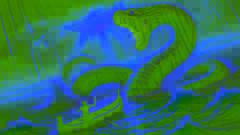 Die große Schlange erhebt sich aus dem See, während Awan, der kämpft, um über Wasser zu bleiben, ängstlich zu dem riesigen Wesen aufblickt.
