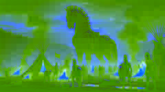 Os soldados gregos queimam seu acampamento enquanto o gigantesco Cavalo de Tróia se ergue imponente, se preparando para deixar Tróia em um ato de engano.