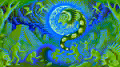 Quetzalcóatl como una serpiente emplumada en el cielo, con humanos transformándose en monos durante la era del Sol Viento.