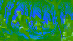 Diarmuid y Gráinne huyendo a través de densos bosques, mientras Fionn y sus guerreros los persiguen.