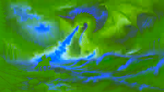 Er Tostik confronts a fiery dragon by a raging river, his sword raised and his steed Kambar by his side.
