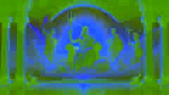 Zeus, Poseidón y Hades dividiendo sus reinos, sentados de manera majestuosa con objetos simbólicos de poder bajo un cielo luminoso.