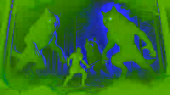 Esfandiyar defends himself against two massive wolves lunging toward him in a dark, foggy forest.