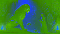 Arash e o Manticora conversam em um vale sombrio, adornado com runas brilhantes nas paredes.