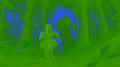 Timun Mas running through a thick forest, chased by the towering Buto Ijo as she clutches her magical bag.
