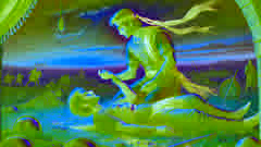Rostam kneeling, realizing Sohrab is his son, as Sohrab lies wounded with a faint smile.