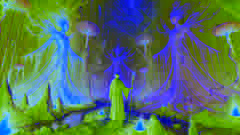 Eliar se encuentra ante los brillantes Tejedores de Telarañas, quienes tejen hilos cósmicos en un vibrante bosque cristalino de Kokultermyn.