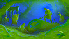 Hércules e Iolau descansam no pântano nebuloso após terem derrotado a Hidra, com árvores retorcidas e ruínas ao fundo.