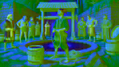 El muchacho del asno saca agua del profundo pozo en el palacio del rey, bajo la atenta mirada de hombres asombrados.