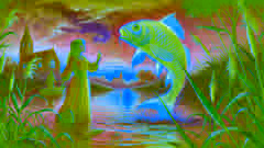 Leila de pie junto al río al anochecer, llamando a los peces mágicos que saltan del agua iluminados por una luz dorada.