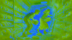 Dentro de la panadería, la pareja apresuradamente toma panes y pasteles en un interior tenuemente iluminado.