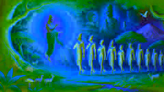 Brahma breathing life into the first humans, who stand surrounded by nature, rivers, and animals