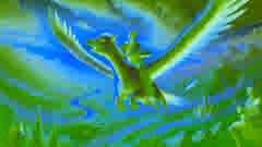 Tomas riding the Hippogriff through the sky at sunset, with a vast landscape of forests and mountains below.