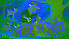 Mother Goat cuts open the wolf's belly, freeing her kids in a peaceful meadow.