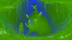 Tiago se encuentra con el espíritu de la Caipora en un claro tenuemente iluminado, montando un jabalí con ojos rojos resplandecientes.