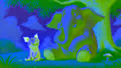 Gerald schaut ungeduldig und tippt mit dem Fuß, während Piggie unter einem Baum an einem sonnigen Tag gelassen lächelt.