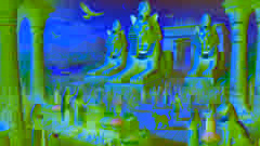 El gran templo de Bastet en Bubastis durante un festival, con los fieles ofreciendo ofrendas y celebrando.