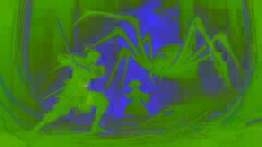 Kenji battling the Jorogumo, striking at one of her spider-like legs with his katana.