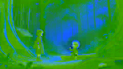 Marisol encounters Yacy Yateré in a forest clearing as he sits on a log, holding his flute.
