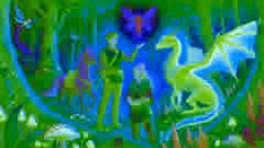 Elara con sus compañeros: una duende, un centauro y un dragón.