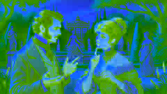 Madame L'Espanaye explains a mystery to Dupin in the Jardin des Tuileries.