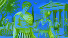 Pelops e Hipodamia celebrando su victoria después de la carrera, de pie juntos en un entorno de la antigua Grecia.
