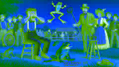 Jim Smiley’s frog, Dan’l Webster, fails to jump as the stranger’s frog leaps high in the air, with a crowd watching