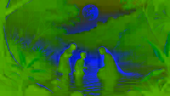 La Llorona en la orilla del río con sus hijos, momentos antes del trágico suceso, bajo un cielo iluminado por la luna.