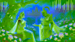 Sita está sentada em Ashoka Vatika sob uma grande árvore, enquanto Ravana se encontra diante dela, vestindo armadura de demônio.