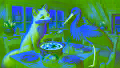 Le renard invite la cigogne à dîner, servant la soupe dans des assiettes peu profondes.