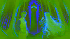 Un príncipe mirando hacia una torre mientras Rapunzel deja caer su cabello dorado en un bosque iluminado por la luna.