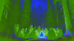 Die Ureinwohner versammeln sich um ein kleines Feuer in einer verschneiten Wildnis und blicken nervös in den dunklen Wald.