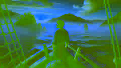 Un marinero griego se aleja de la Isla de los Bienaventurados al amanecer, mirando hacia atrás el paraíso difuso y desvanecido.
