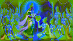 Mohini, la divina doncella avatar de Vishnu, sirve el néctar de la inmortalidad a los Devas mientras Rahu se disfraza.