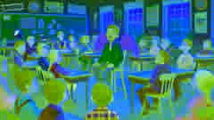 Norman und die Kinder in einem einladenden Klassenzimmer teilen Geschichten über ihre einzigartigen Eigenschaften.