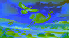 Emú corriendo por el suelo y jabirú surcando el cielo en el Outback australiano.