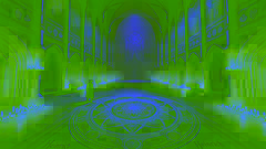 El gran salón de Eschtheim, con un mosaico resplandeciente y una sombra etérea que emerge.