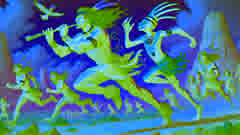 Kokopelli racing with Nahook, gliding with the wind as villagers cheer and watch the friendly competition.