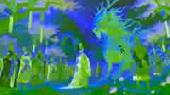  Emperor Yao humbly kneels before the Qilin amidst a mountain landscape with flowering trees and royal guards.