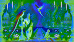 Le roi Raja avec Pari juchée sur un socle doré et Momo se balançant d'un arbre dans les jardins vibrants du palais.