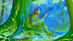 Rip Van Winkle despertándose bajo un árbol, mirando su arma oxidada.